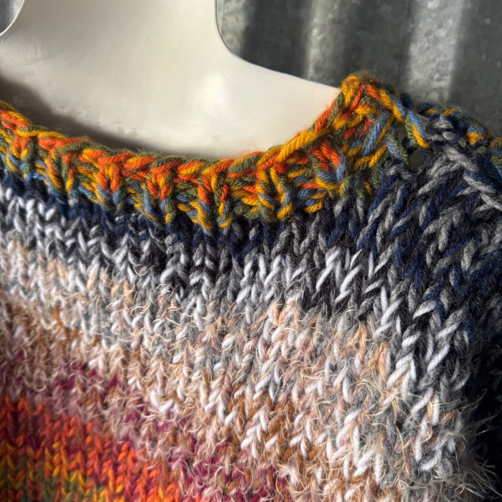 Hand Knit Chunky Stripe Sweater Oversized Crop Rainbow Large Pullover handmade - Picture 9 of 15